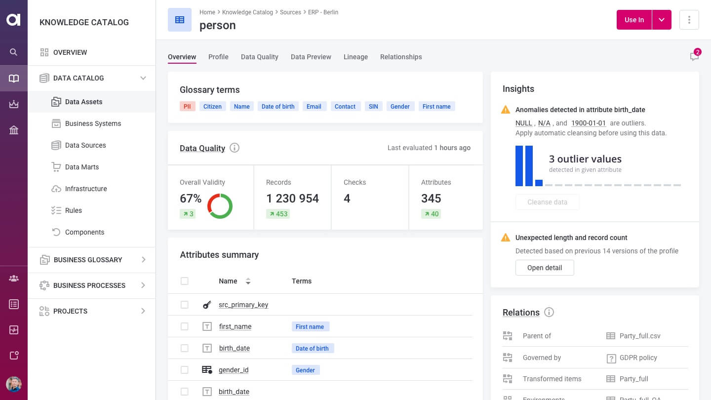 example of data catalog displaying metadata